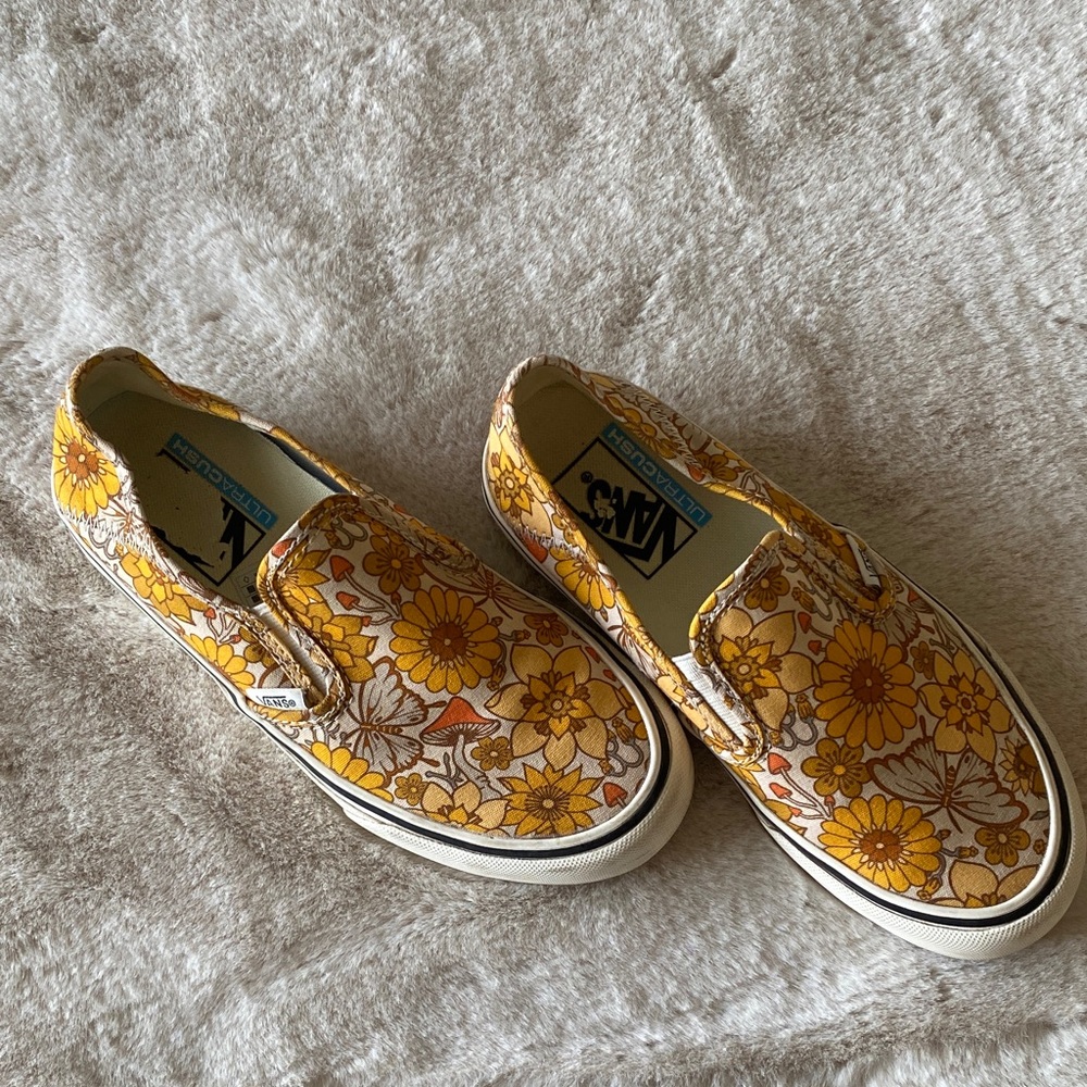 Vans Yellow and Brown Floral Boho Slip-Ons - with Cute Mushrooms